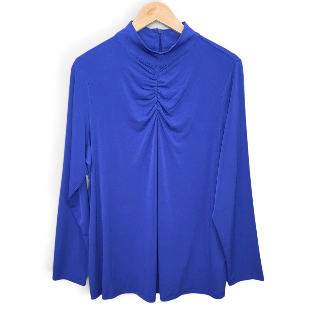 Susan Graver Top Womens Plus 1X Blue Liquid Knit Zip Blouse Mock Neck Casual